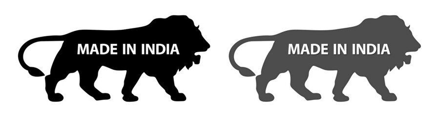 Made in India sticker icon with lion silhouette. Made in India symbol icon set for Indian products and industrial usage. Made in India lion icon symbol in black and grey color.