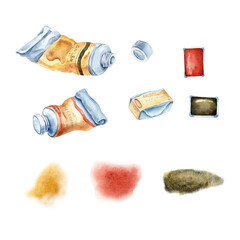 Isolated illustrations are hand painted in watercolor:art materials, paints, watercolors, tubes, cuvettes of paints on a white background.