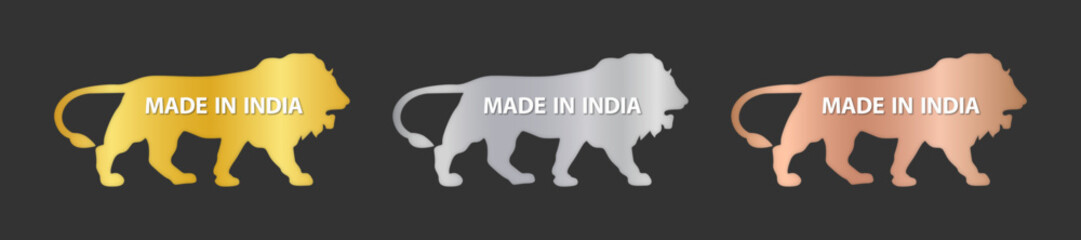 Made in India icon set with lion silhouette. Made in India symbol icon set for Indian products and industrial usage. Made in India lion icon symbol in gold, silver and bronze color.
