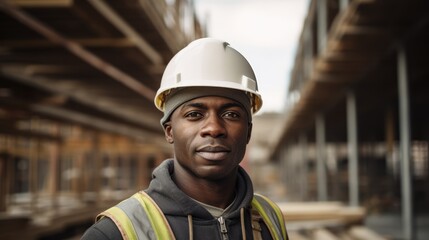 A striking portrait depicting a black worker standing proudly in front of a building, exuding strength and determination.