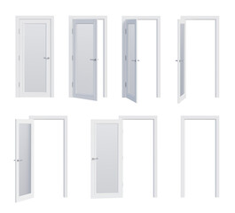 Set of six opening options of isolated white wooden modern classic doors with satin glass, silver handle, three silver hinges, and door frame. Front view. 3d rendering