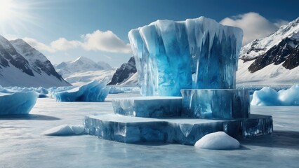 Ice background podium cold winter snow product platform floor frozen mountain iceberg. Podium glacier cool ice background stage landscape display icy stand 3d water nature pedestal.  generative, ai. - obrazy, fototapety, plakaty