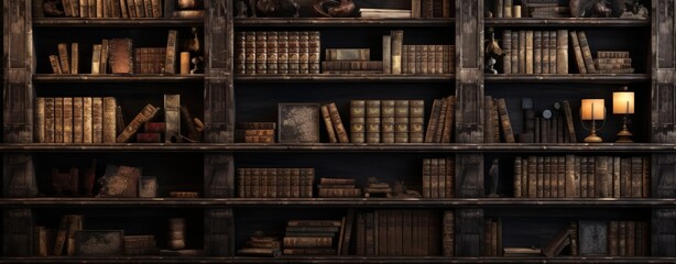 The wall full shelf of ancient books and manuscripts in library room vintage style. AI generated - obrazy, fototapety, plakaty