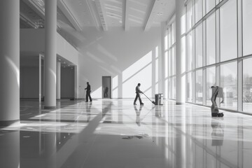 Fototapeta premium A couple walking together inside a building. Ideal for illustrating teamwork, collaboration, or exploring a new space