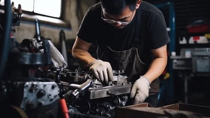 Deurstickers With expert hands, the Asian master meticulously works on car engine repairs in the forefront of a light-colored car service © GoLyaf