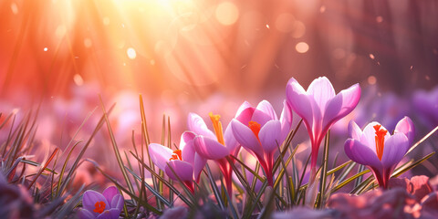 Purple crocuses in bloom at sunset. Spring and beauty concept. Design for gardening, seasonal...