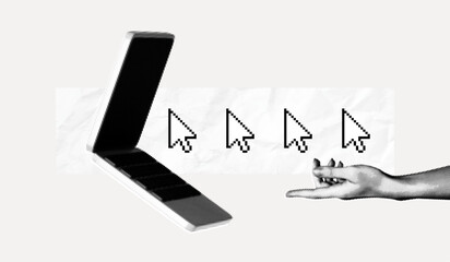 Trendy Halftone Collage Laptop with Pixel Mouse Cursor and Hand. Points to target. Business development. Click on link. Web design. Online registration. Modern illustration. Vector contemporary art