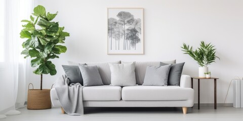 Real photo of a white apartment with a grey sofa, pillows, poster, and plants on cabinets.