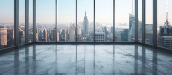 Office room with empty floor with modern cityscape landscape view. AI generated image