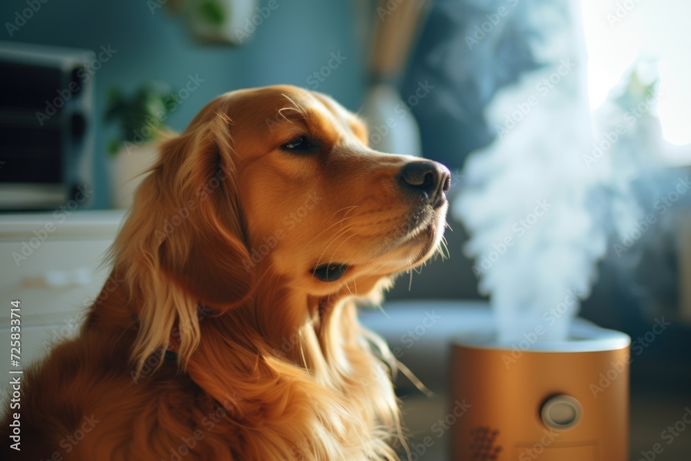 Aufkleber a dog is sitting in front of a humidifier. this image can be used to depict the importance of mainta