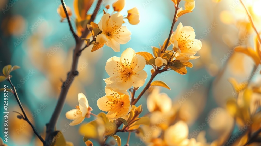 Poster a detailed view of a branch of a tree covered in beautiful flowers. perfect for nature enthusiasts a