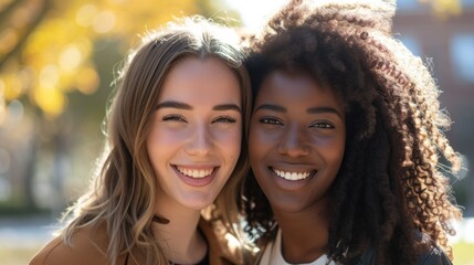 Fototapeta premium Joyful friends looking at the camera on campus.