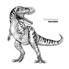 Tyrannosaur. Dinosaur sketch drawing. Black and white. Hand drawn vector art. line art
