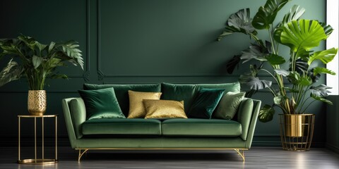 Modern and elegant living room with green velvet sofa, gold decoration, plant, carpet, and stylish personal accessories.
