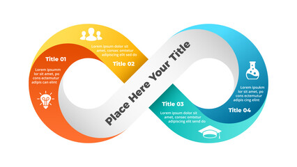 Infinity symbol infographic. Abstract vector logo. Forever graphic design sign. Science cycle diagram 4 steps options parts. Curve line. Creative presentation template. Flow chart. Educational icons