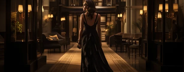 Foto op Plexiglas Beautiful woman walking on luxury lounge hotel at evening. AI generated image © MUCHIB
