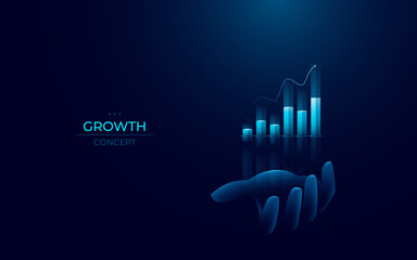 Abstract grow graph chart on a hand palm. Businessman holding stock market chart bar hologram. Finance growth with arrow up concept. Light bright blue futuristic style. Digital vector illustration.