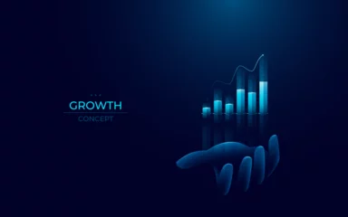 Foto op Canvas Abstract grow graph chart on a hand palm. Businessman holding stock market chart bar hologram. Finance growth with arrow up concept. Light bright blue futuristic style. Digital vector illustration. © Mirco Emmy