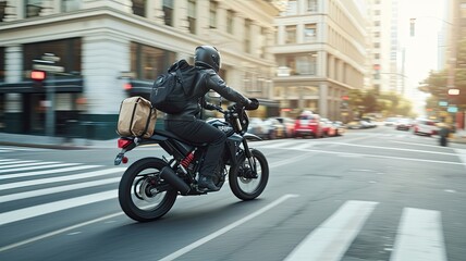 motorcycle delivery with a detailed shot of a delivery rider's backpack specifically designed for transporting goods, demonstrating its practicality in urban settings.