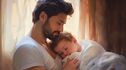 Obraz na płótnie Canvas happy father holding a newborn baby in his arms, handsome smiling man, parent, family, infant, kid, child, son, daughter, love, hugs, room, tenderness, father's day