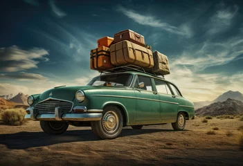 Photo sur Plexiglas Voitures anciennes The enchanting illustration captures the essence of a family road trip, showcasing a vintage car adorned with luggage, evoking a sense of wanderlust and togetherness.