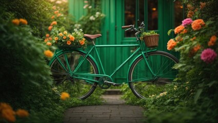 Fototapeta na wymiar green bicycle in the garden