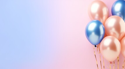 A delightful composition unfolds on a pastel pink card, adorned with blue and gold foil balloons, offering a perfect canvas for your personalized message. - obrazy, fototapety, plakaty