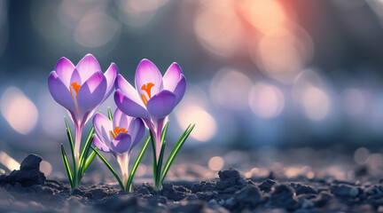 Purple crocuses in bloom with bokeh baground. Spring and beauty concept. Design for gardening,...