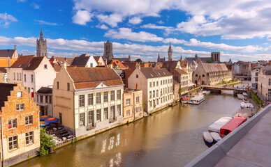 Fototapeta na wymiar Aerial view of quay Graslei, Leie river and towers of Old Town, Ghent, Belgium