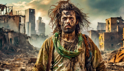 A rugged man with wild hair and a muddied, paint-streaked face looks onward, his green scarf and weathered clothing blending with the chaotic remnants of the urban wasteland behind him. - obrazy, fototapety, plakaty