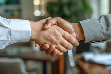 business people shaking hands, closeup, handshake at meeting or negotiation