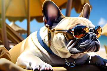 A realistic depiction of a French Bulldog lounging on a beach bed