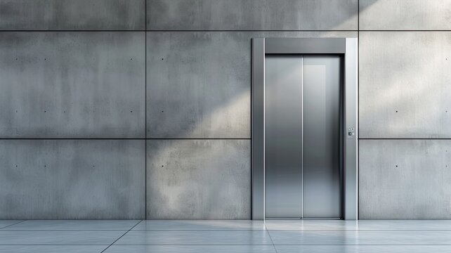 plain metallic silver elevator door against a sleek concrete wall, offering a minimalist canvas for branding in contemporary spaces.