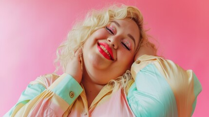 Beauty and body positivity shine in a lovely portrait of a curvy woman against pastel hues.
