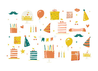 Happy birthday holiday background. Toy balloons, heart, star symbols, cupcake, cake, gift box, flags