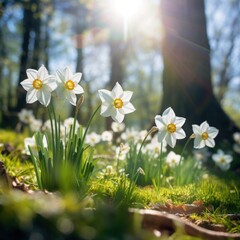 White daffodils in the sun. Generative AI.