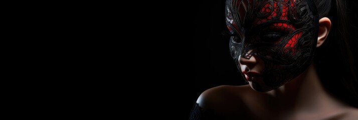 Beautiful woman in a mysterious sexy mask on a black background - obrazy, fototapety, plakaty