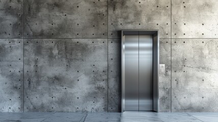 plain metallic silver elevator door against a sleek concrete wall, offering a minimalist canvas for branding in contemporary spaces.