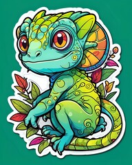 Obraz premium Illustration of a cute Chameleon sticker with vibrant colors and a playful expression