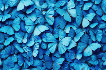 A dense collection of blue butterflies creating a stunning natural pattern. - obrazy, fototapety, plakaty