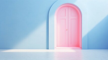 3d rendering of a pink door in a blue room with a white floor