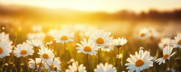 The serene beauty of a field covered in white daisy blooms is accentuated by the setting sun, creating a mesmerizing and tranquil landscape.
