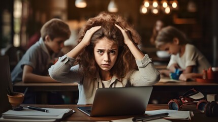 The weight of stress is palpable as a woman at a table, in front of her laptop, visibly distressed, holds her head in her hands, with children in the background.