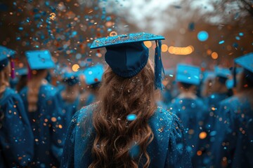 A determined graduate braves the rain in her vibrant blue attire to celebrate her accomplishments at an outdoor commencement ceremony