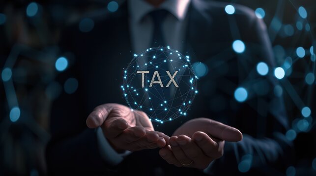 the man's hands are holding a tax symbol