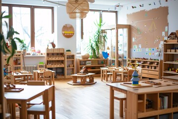 Montessori early education. Kindergarten preschool classroom