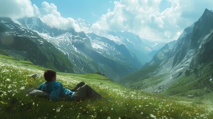 Fototapeta premium a hiker resting peacefully, lying on the lush green grass in the serene valley of a towering mountain, surrounded by breathtaking natural beauty.
