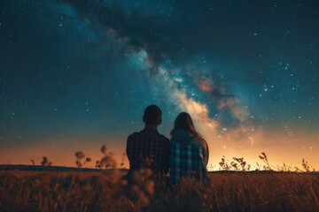 Couple sitting in the countryside observing the Milky Way