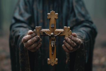 Dirty male hands holding a wooden cross on a black background - obrazy, fototapety, plakaty