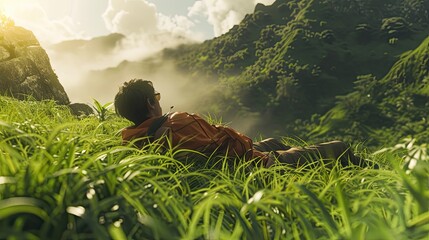 a hiker resting peacefully, lying on the lush green grass in the serene valley of a towering mountain, surrounded by breathtaking natural beauty.